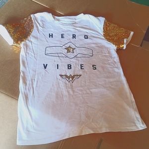 Wonder Woman Hero Vibes shirt blouse top Size L (10-12) with sequins sleeves